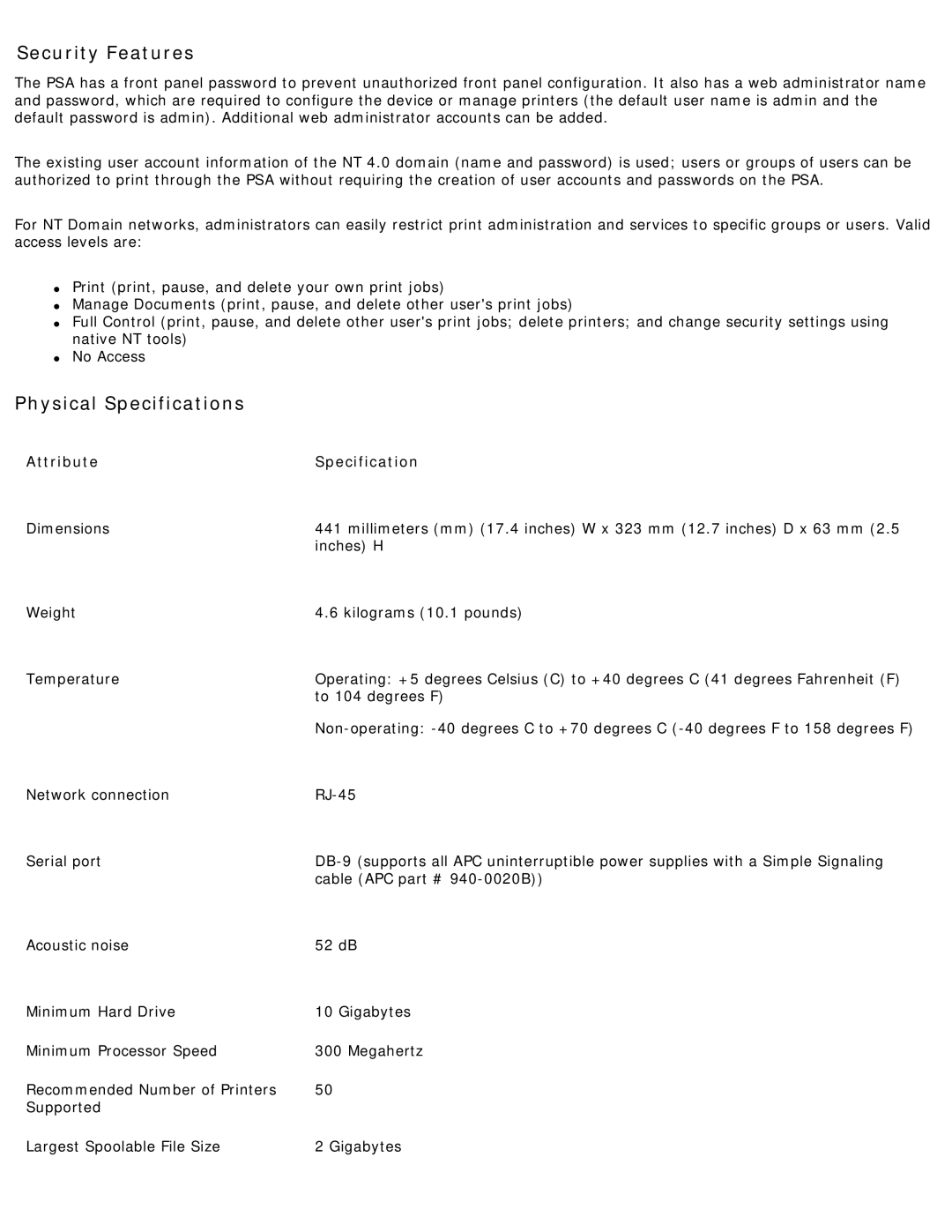 HP 4250 manual Security Features, Physical Specifications 