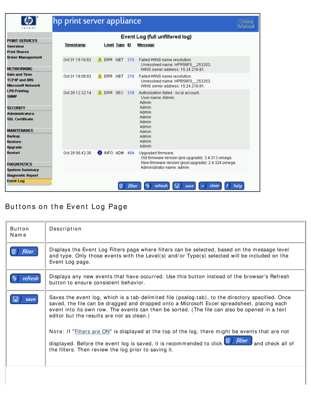 HP 4250 manual Buttons on the Event Log, Button Description Name 