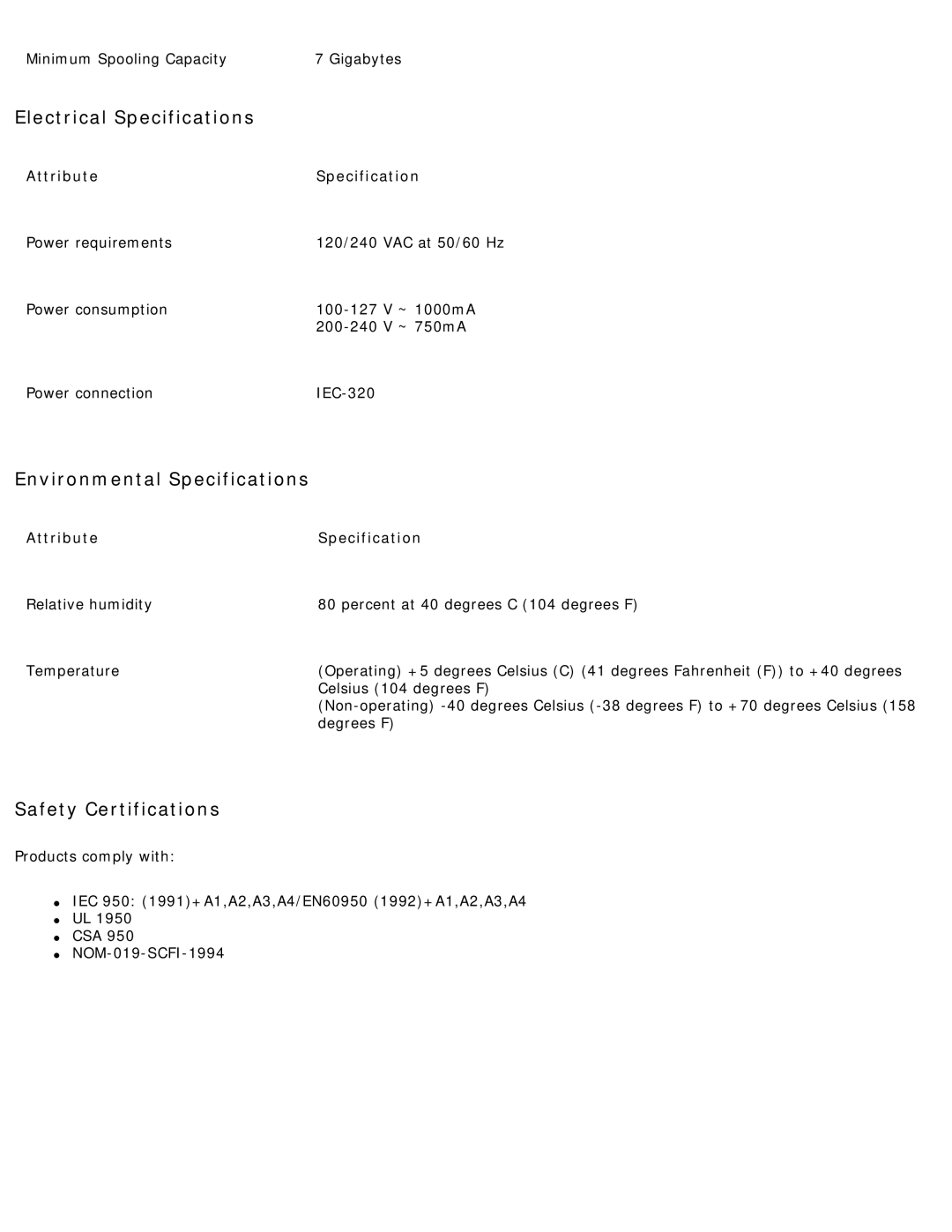 HP 4250 manual Electrical Specifications, Environmental Specifications, Safety Certifications 