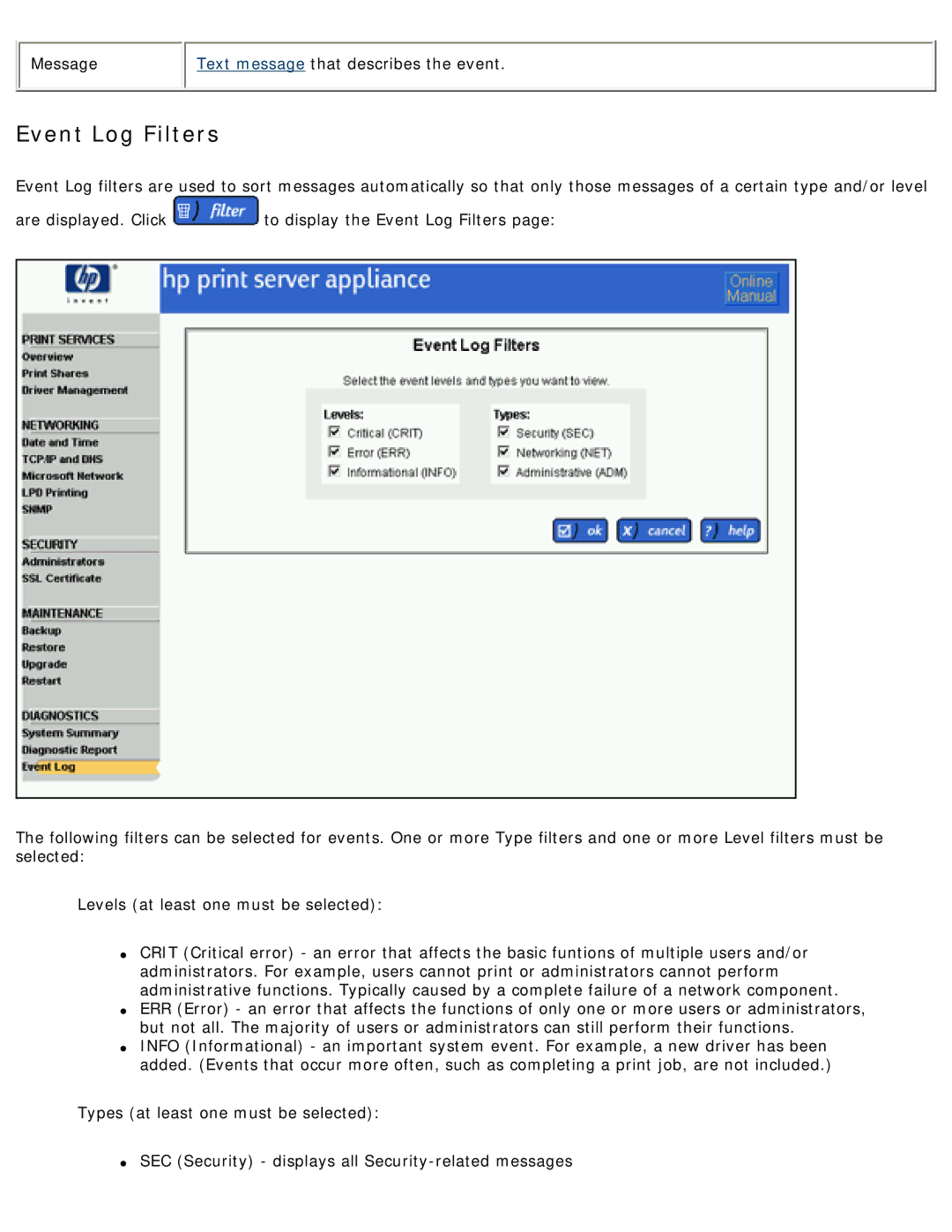 HP 4250 manual Event Log Filters 