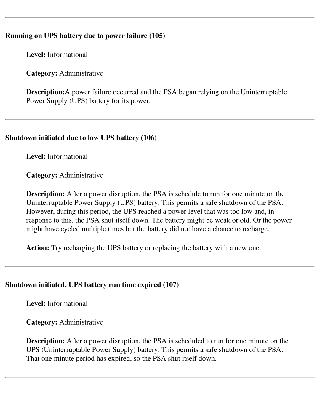 HP 4250 manual Running on UPS battery due to power failure, Shutdown initiated due to low UPS battery 