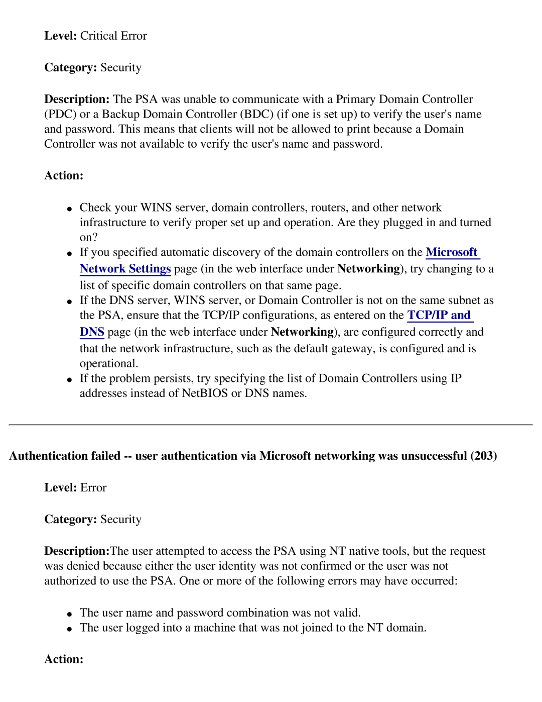 HP 4250 manual Category Security, Action 