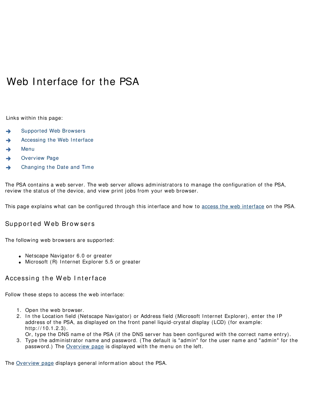 HP 4250 manual Web Interface for the PSA, Supported Web Browsers, Accessing the Web Interface 