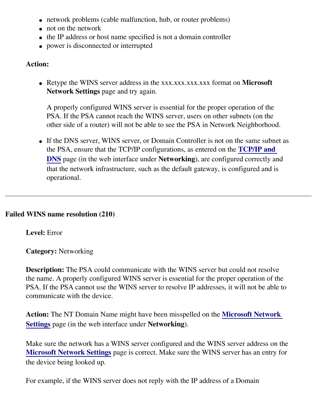 HP 4250 manual Failed Wins name resolution Level Error Category Networking 