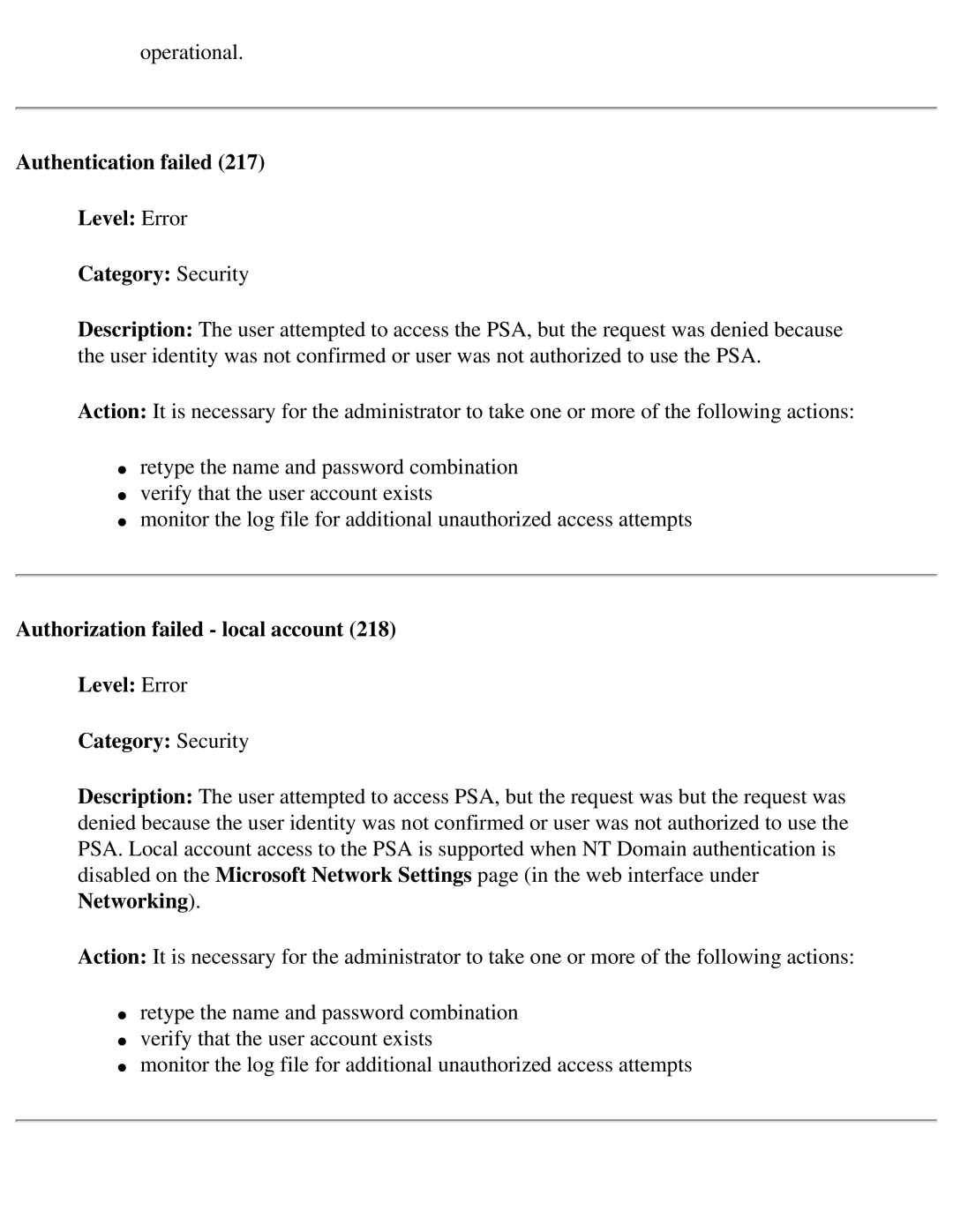 HP 4250 manual Authentication failed Level Error Category Security 