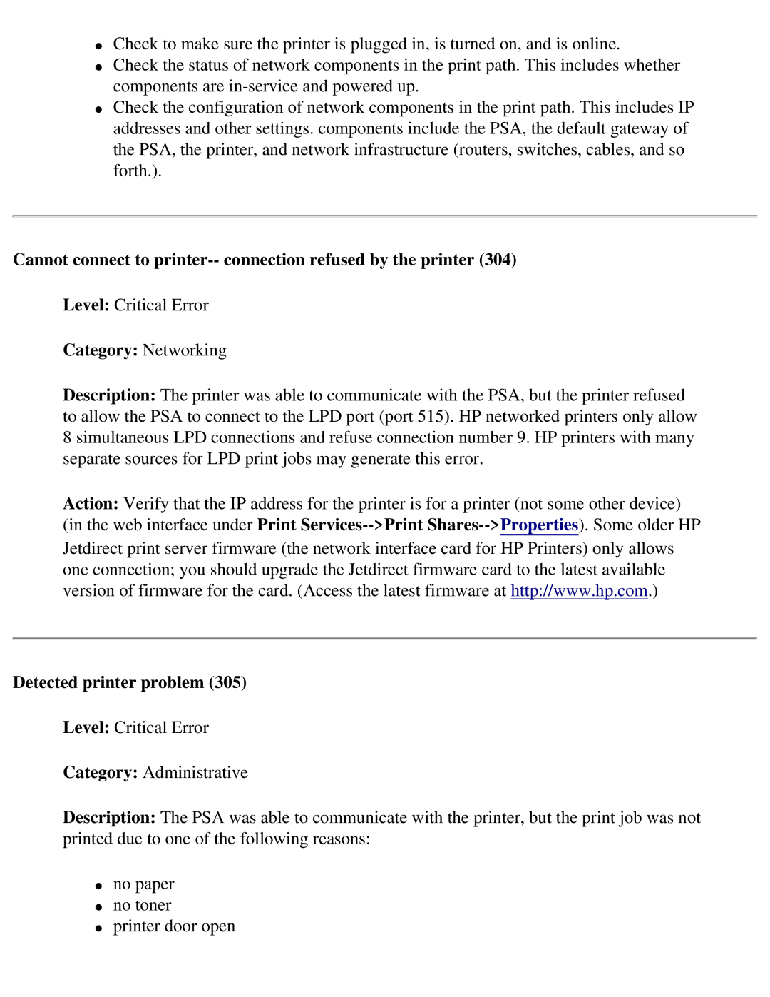 HP 4250 manual Detected printer problem 