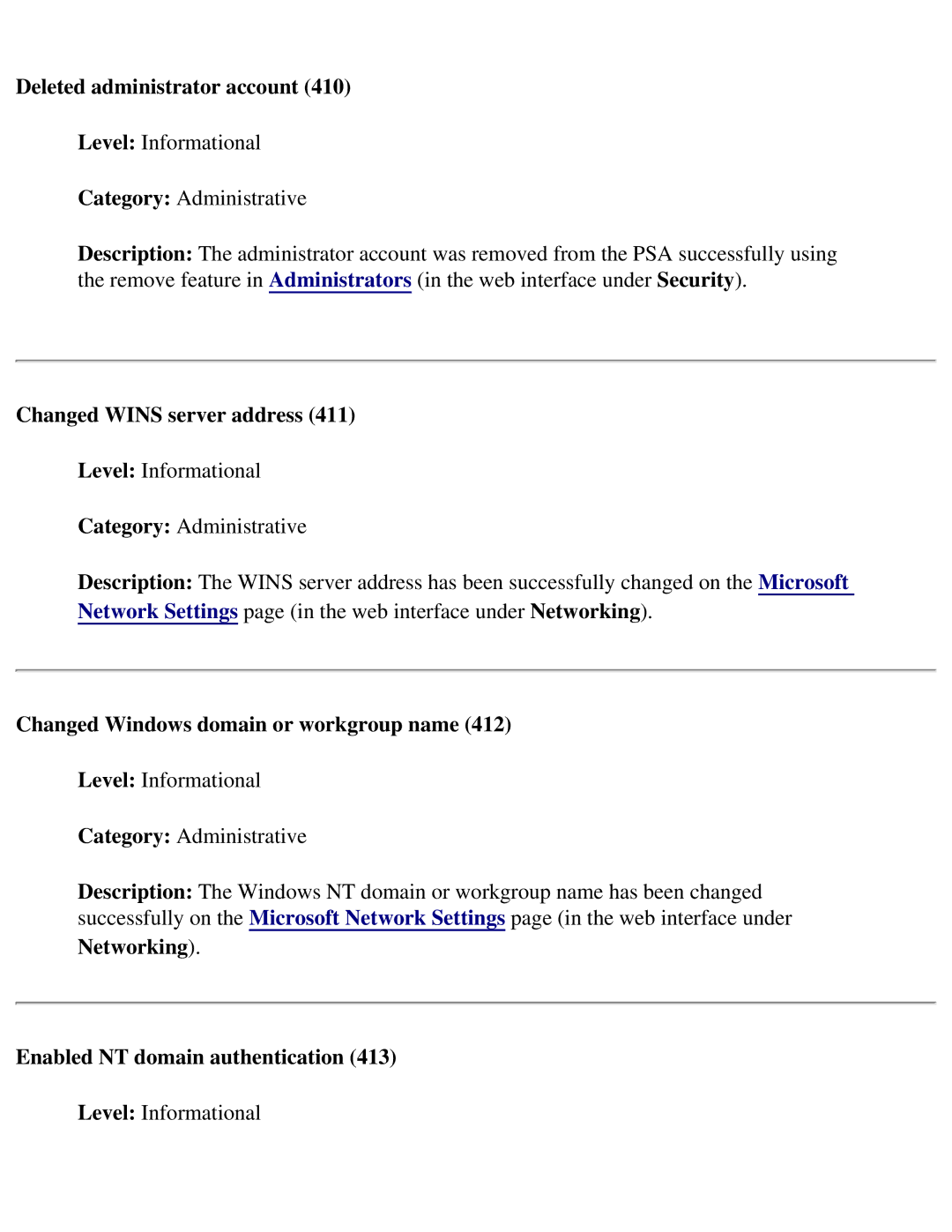 HP 4250 manual Deleted administrator account, Changed Wins server address, Changed Windows domain or workgroup name 