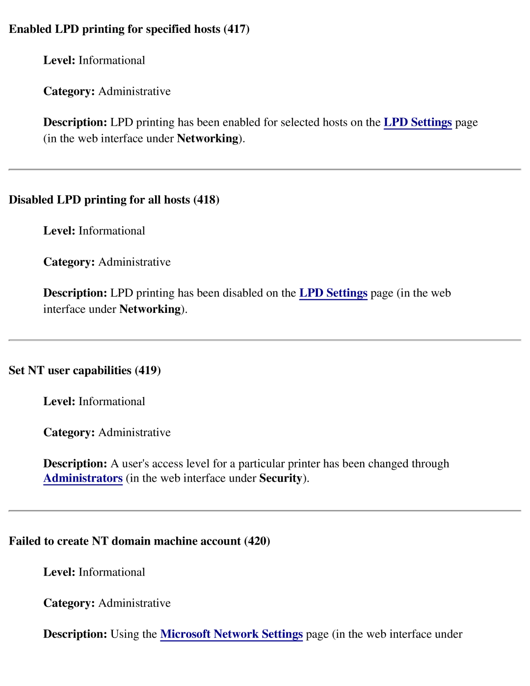 HP 4250 manual Enabled LPD printing for specified hosts, Disabled LPD printing for all hosts, Set NT user capabilities 