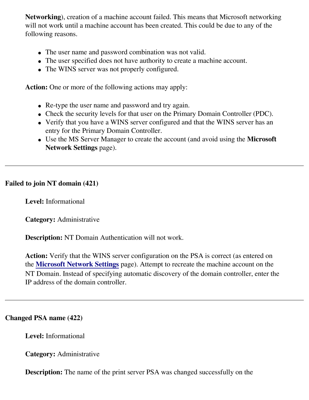 HP 4250 manual Failed to join NT domain, Changed PSA name 