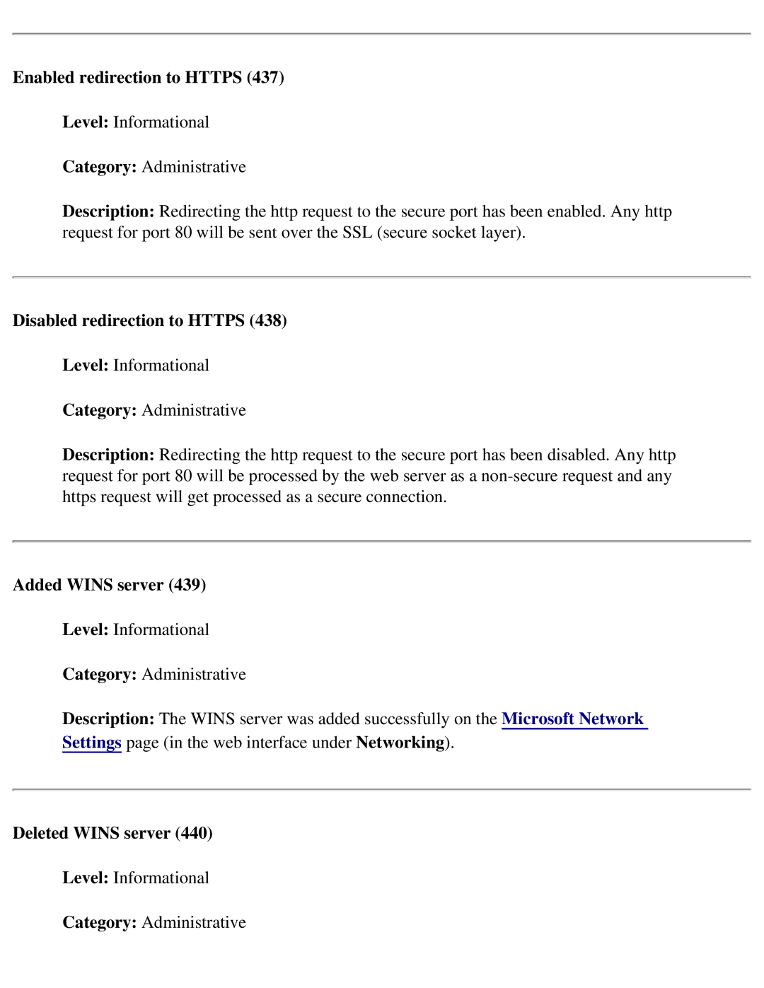 HP 4250 manual Enabled redirection to Https, Disabled redirection to Https, Added Wins server, Deleted Wins server 