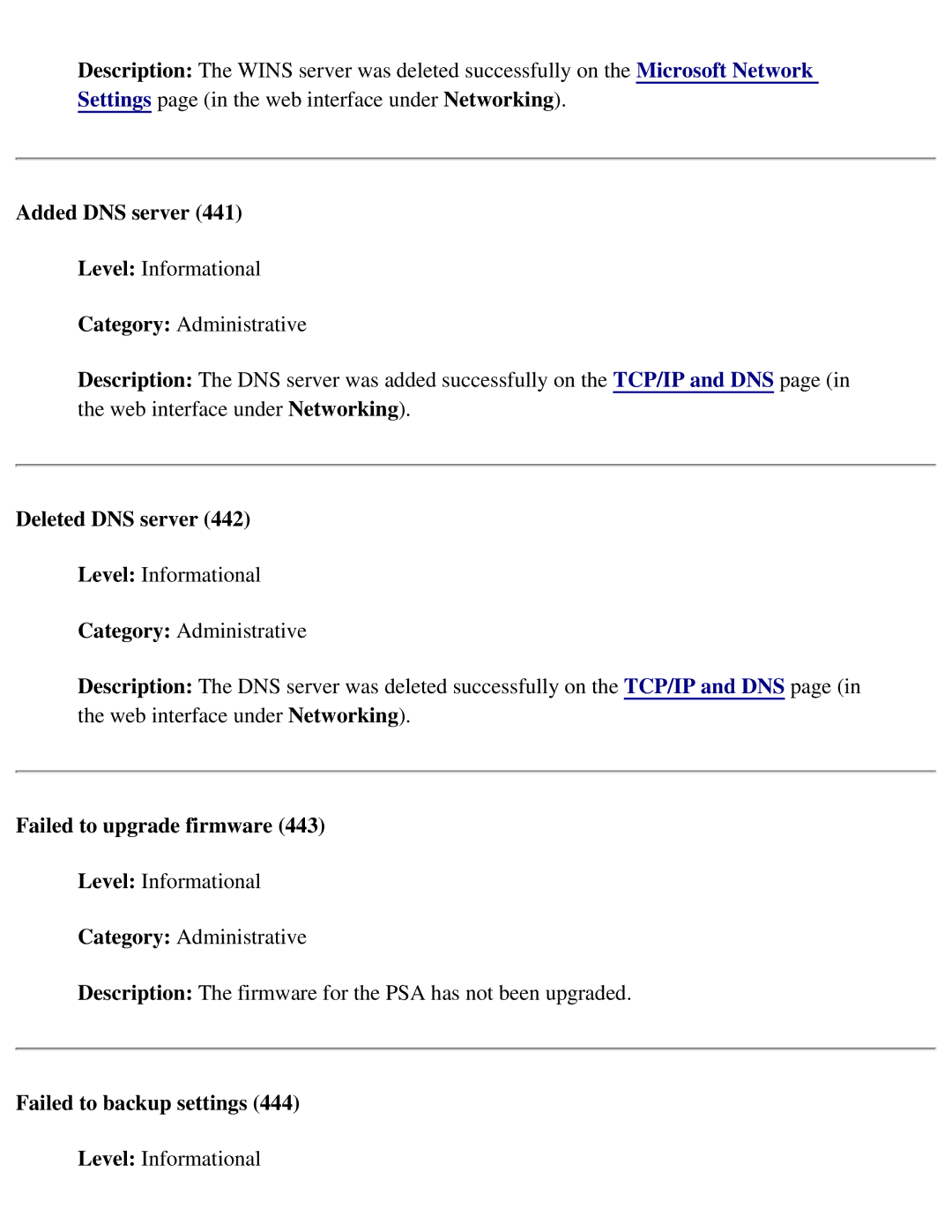 HP 4250 manual Added DNS server, Deleted DNS server, Failed to upgrade firmware, Failed to backup settings 