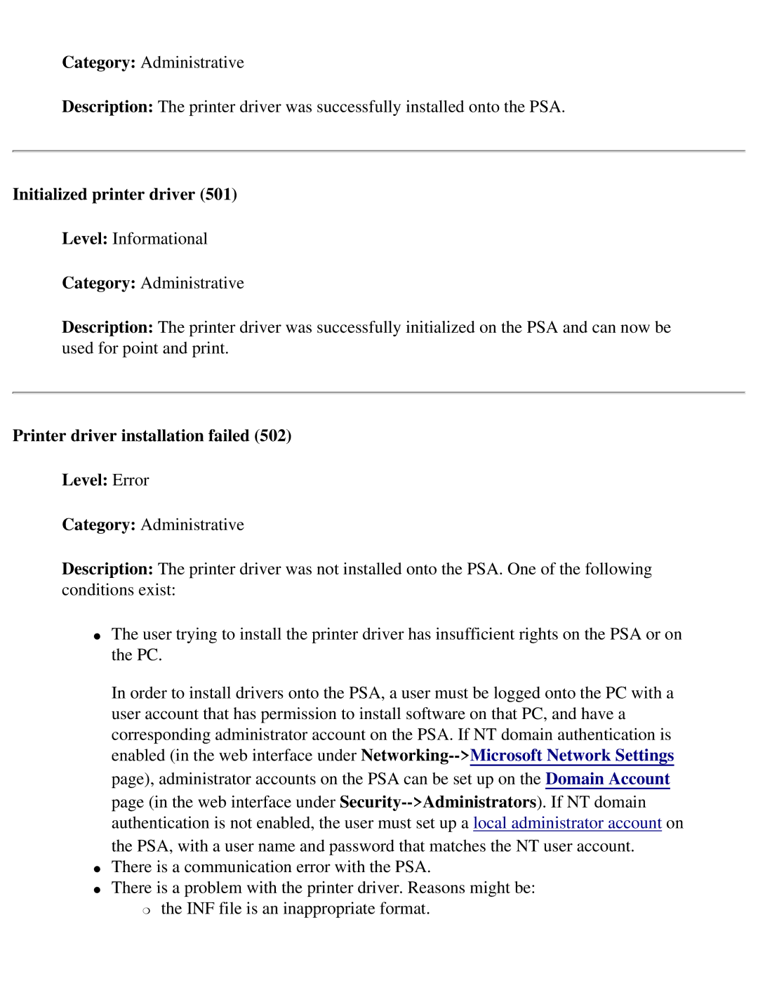 HP 4250 manual Initialized printer driver, Printer driver installation failed Level Error 