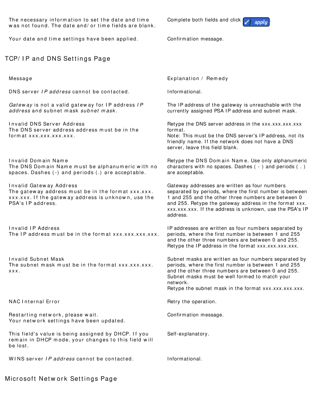 HP 4250 manual TCP/IP and DNS Settings, Microsoft Network Settings 