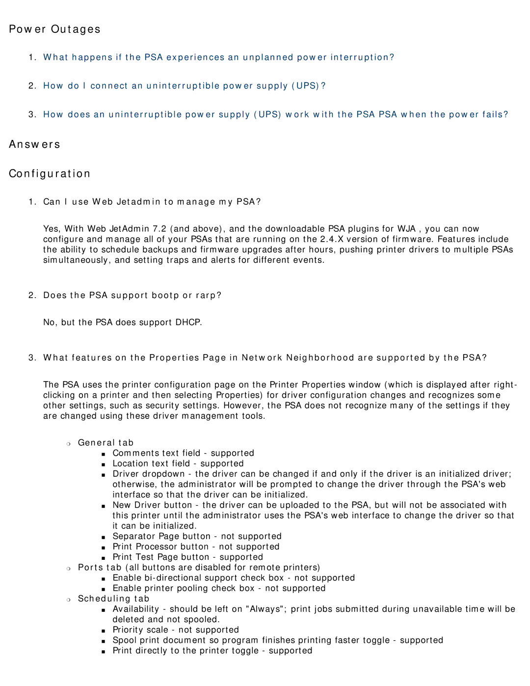 HP 4250 manual Power Outages, Answers Configuration, Can I use Web Jetadmin to manage my PSA? 