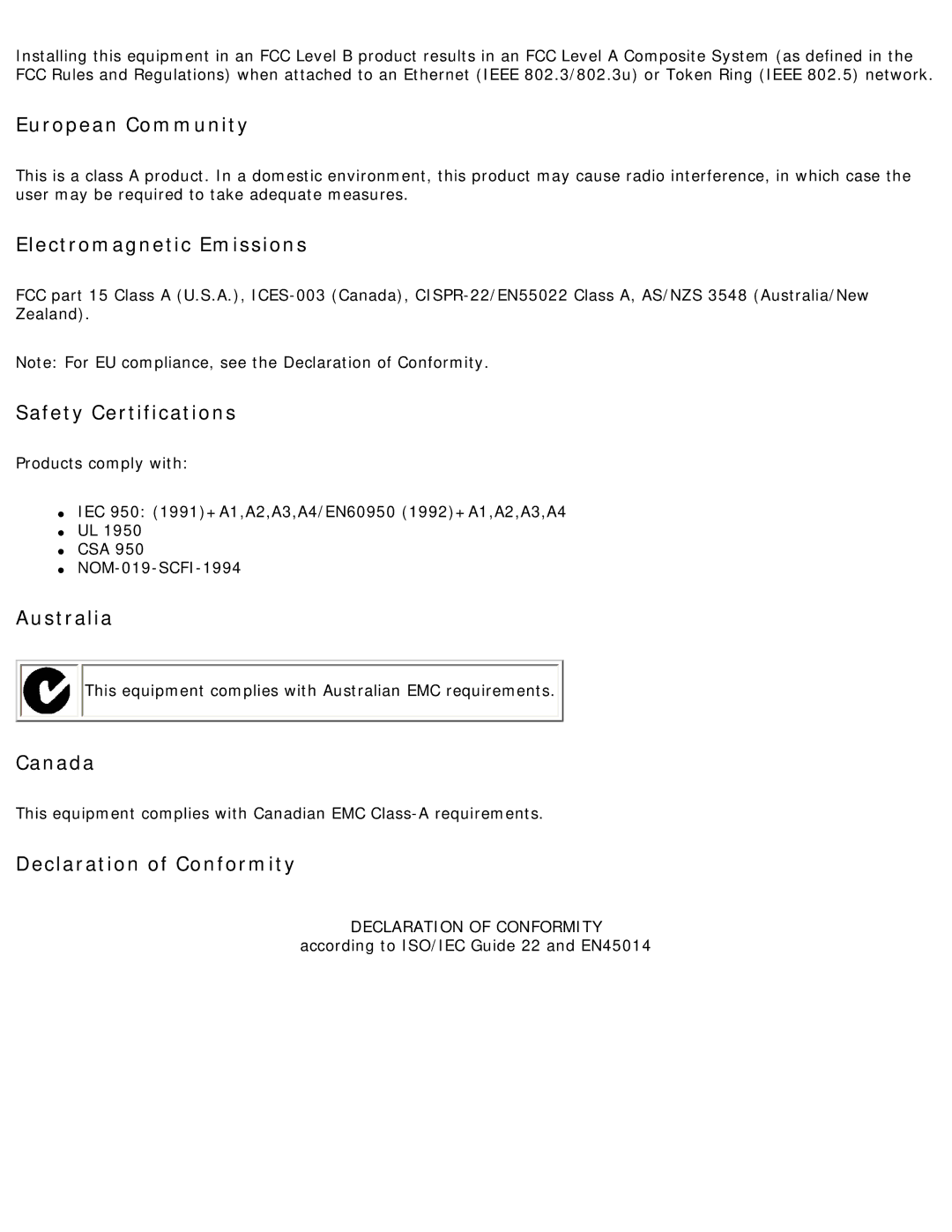 HP 4250 European Community, Electromagnetic Emissions, Safety Certifications, Australia, Canada, Declaration of Conformity 