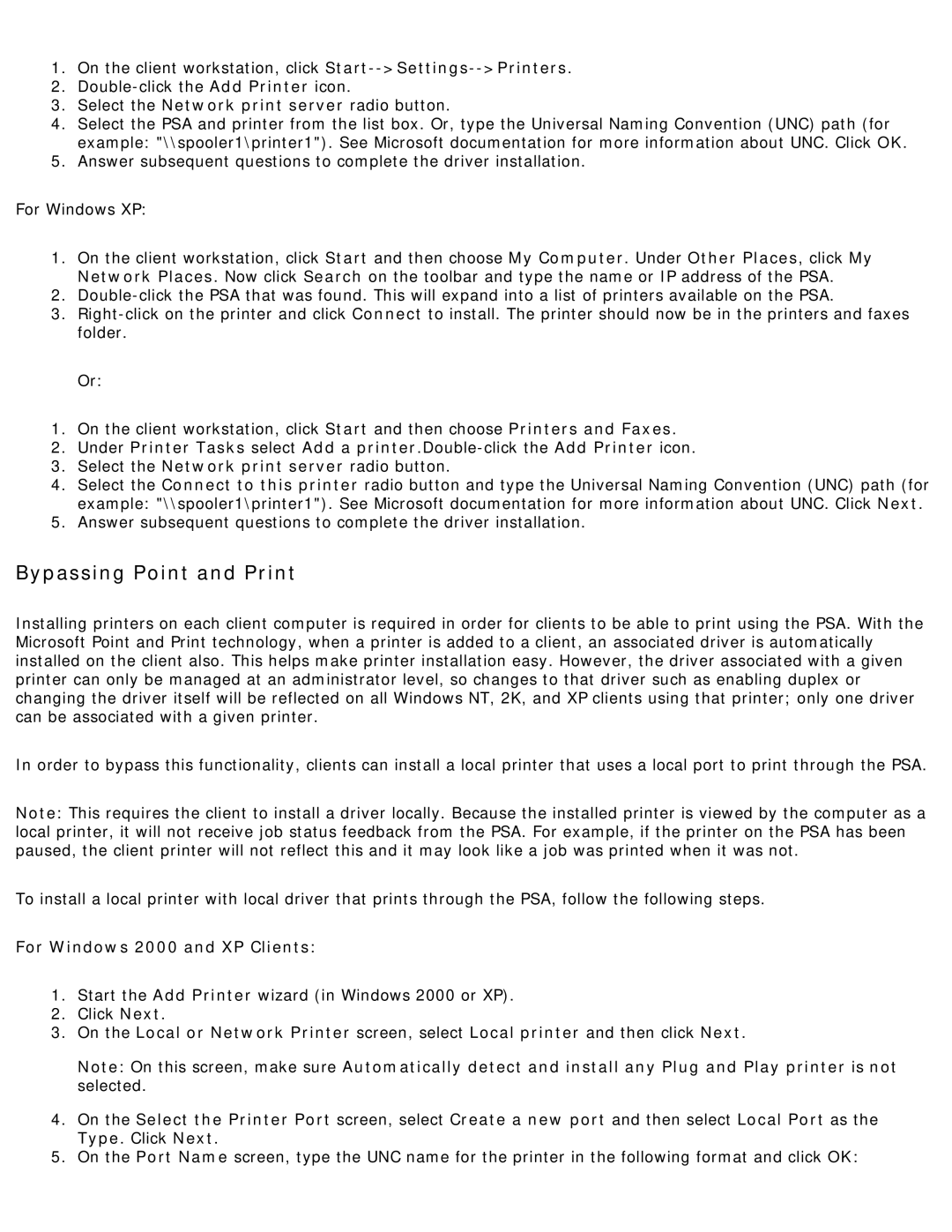 HP 4250 manual Bypassing Point and Print, For Windows 2000 and XP Clients 