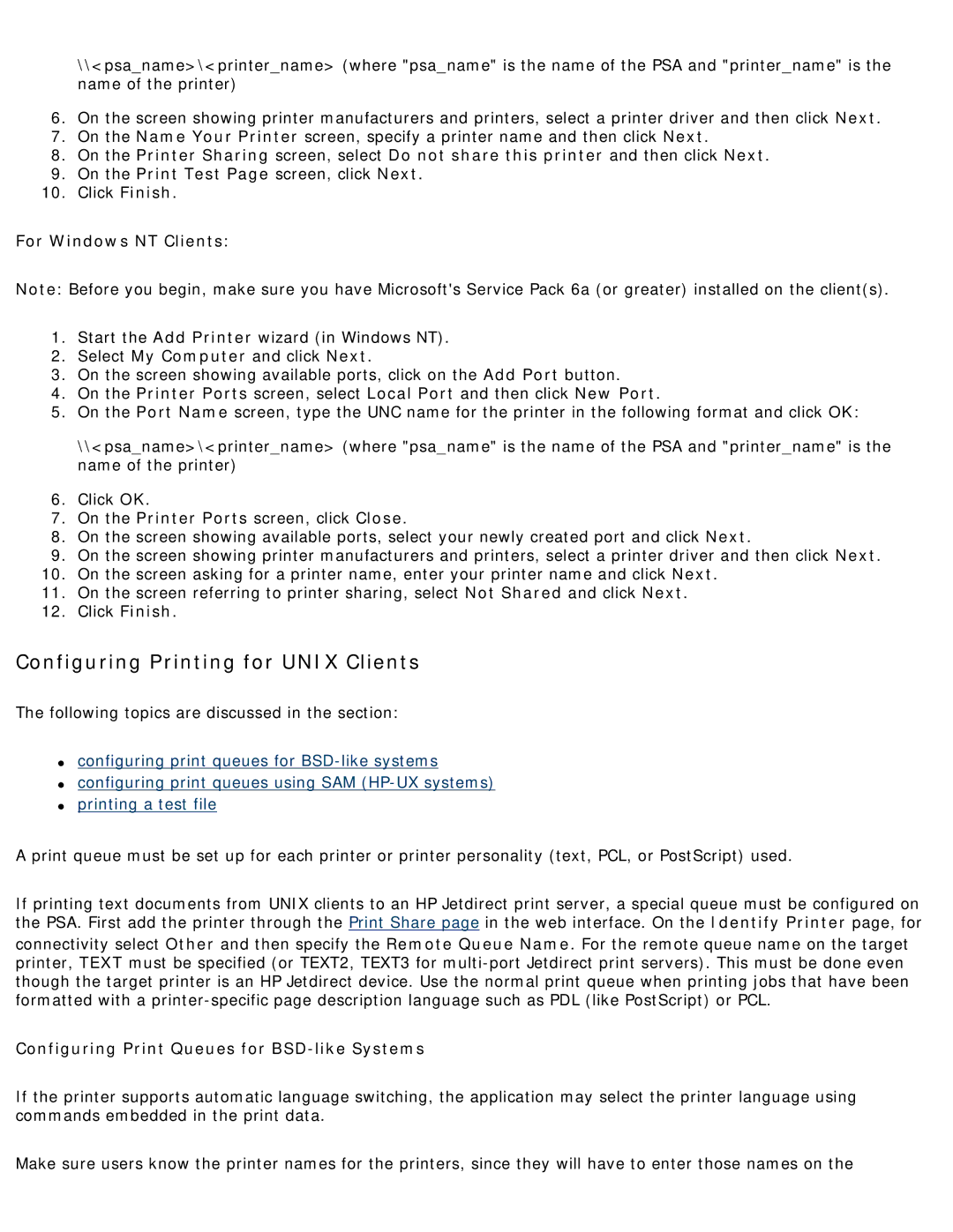 HP 4250 manual Configuring Printing for Unix Clients, For Windows NT Clients, Configuring Print Queues for BSD-like Systems 