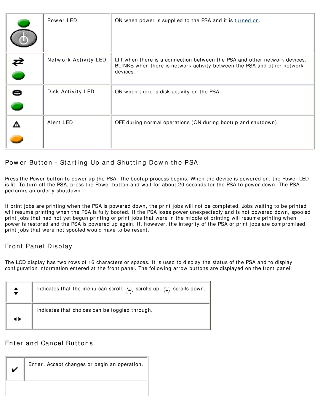 HP 4250 manual Power Button Starting Up and Shutting Down the PSA, Front Panel Display, Enter and Cancel Buttons, Power LED 