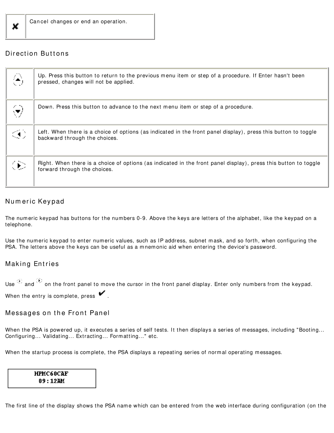 HP 4250 manual Direction Buttons, Numeric Keypad, Making Entries, Messages on the Front Panel 