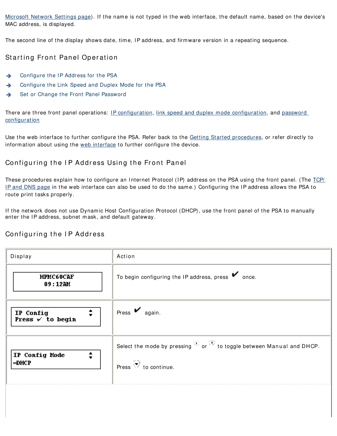 HP 4250 manual Starting Front Panel Operation, Configuring the IP Address Using the Front Panel, Display Action 