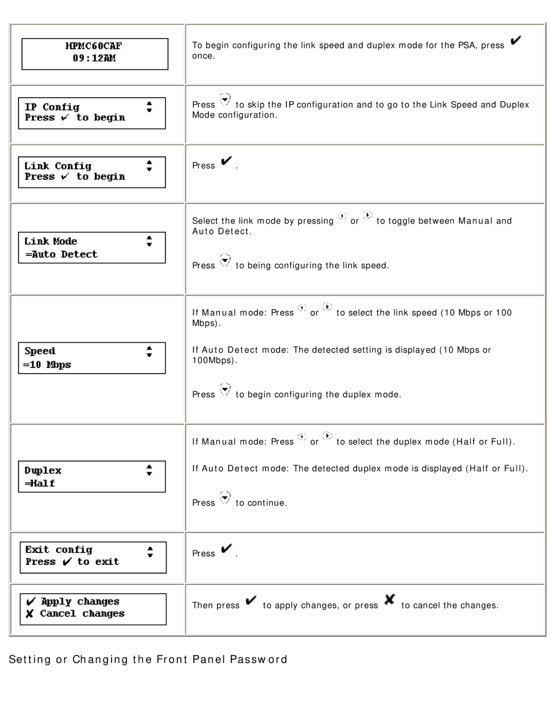 HP 4250 manual Setting or Changing the Front Panel Password 