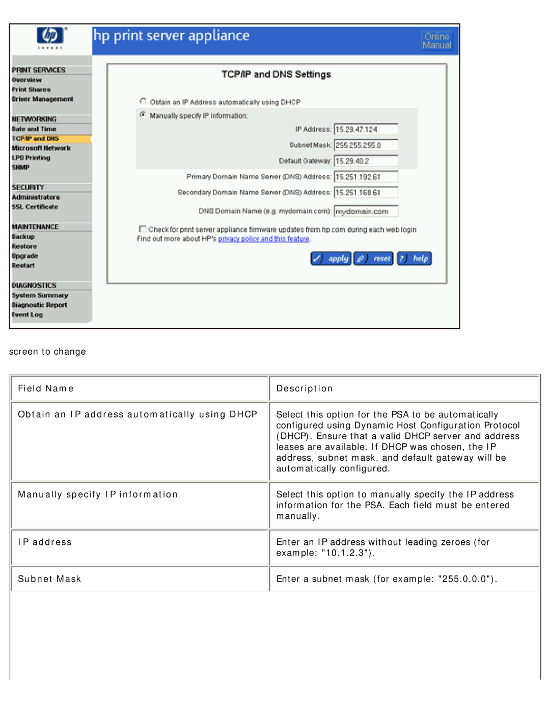 HP 4250 manual Manually specify IP information, Subnet Mask 