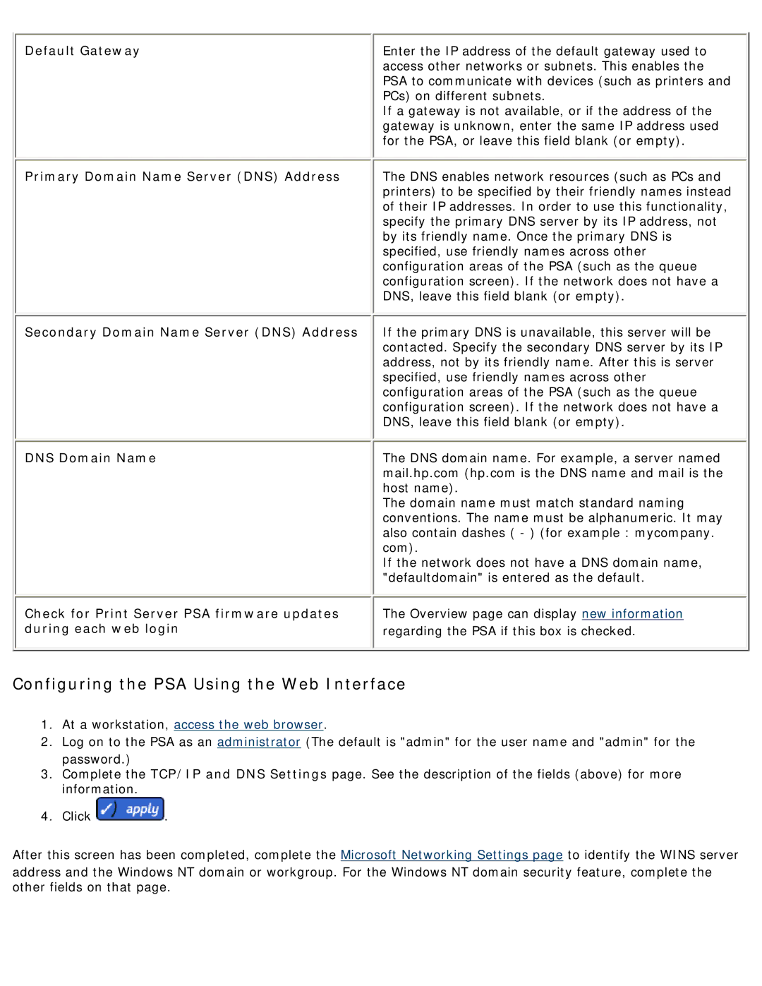 HP 4250 manual Configuring the PSA Using the Web Interface, At a workstation, access the web browser 