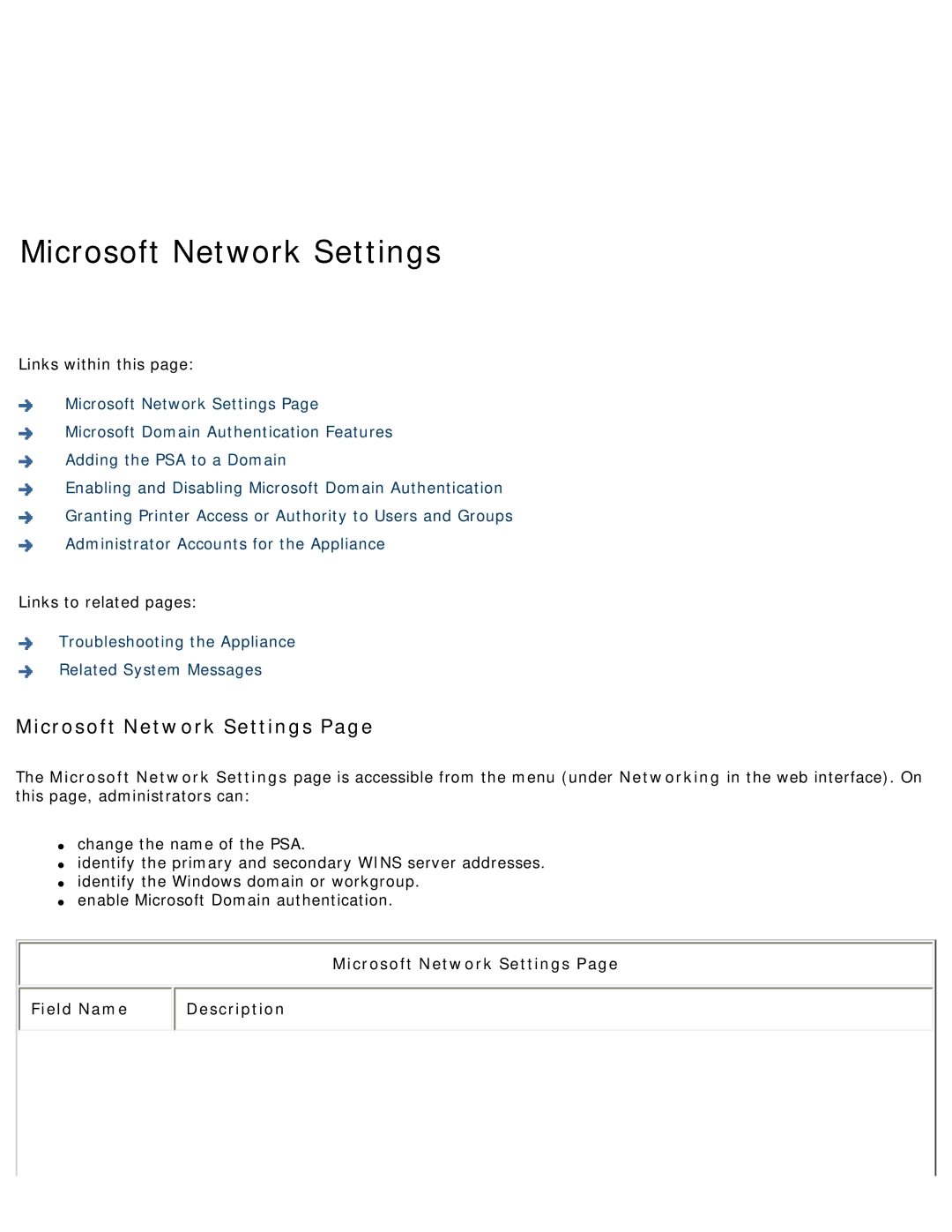 HP 4250 manual Microsoft Network Settings Field Name Description 