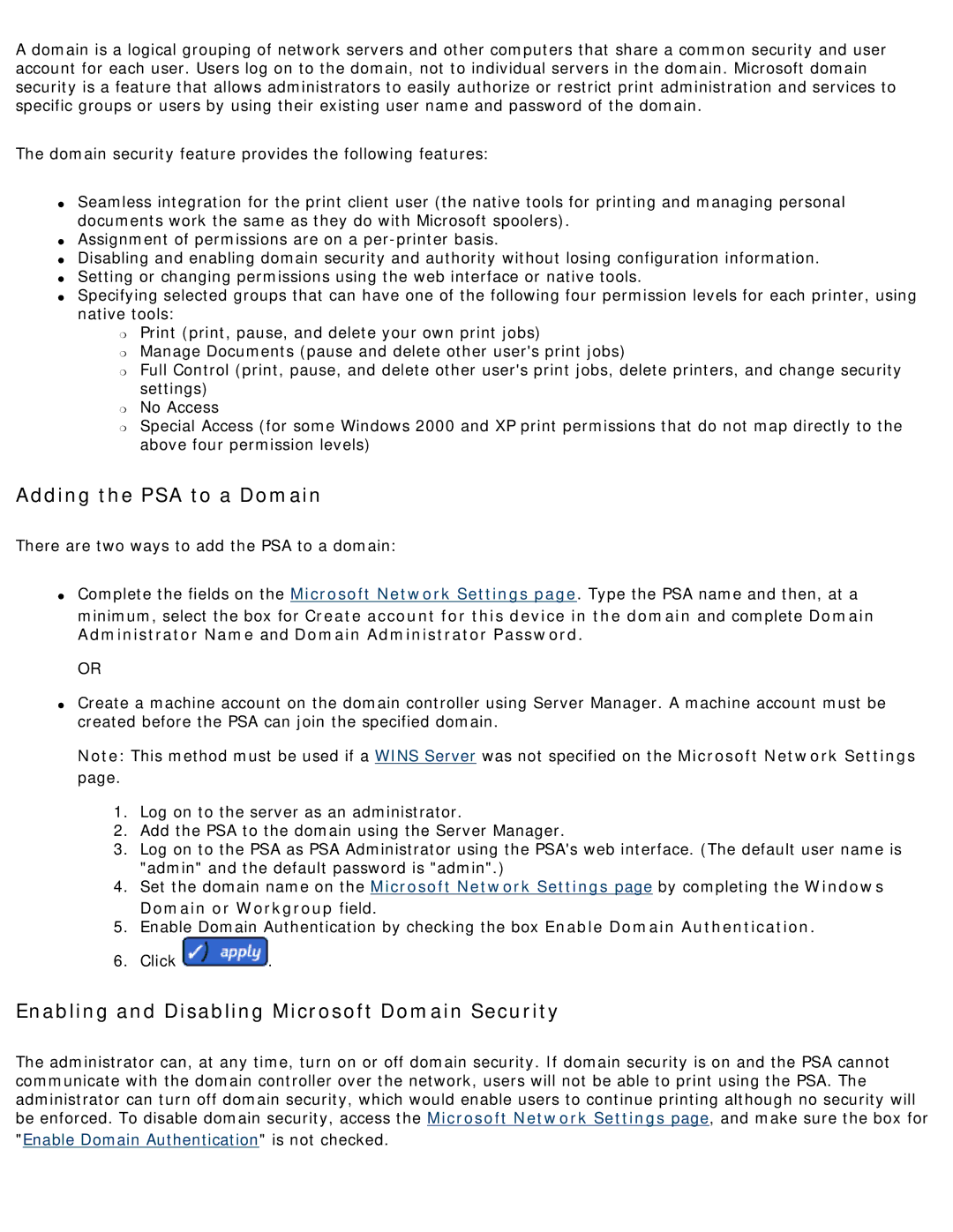 HP 4250 manual Adding the PSA to a Domain, Enabling and Disabling Microsoft Domain Security 