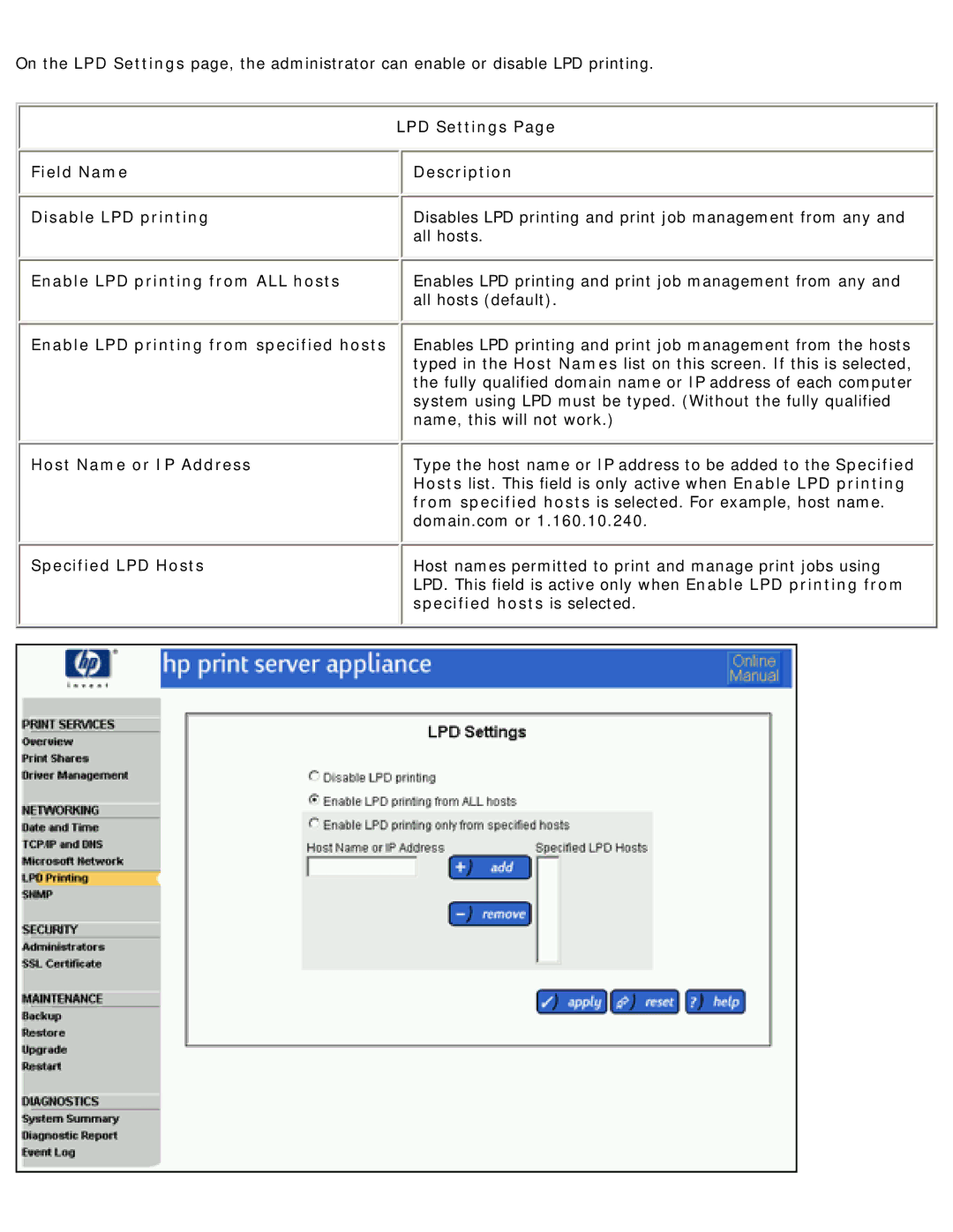 HP 4250 LPD Settings, Field Name Description Disable LPD printing, Enable LPD printing from ALL hosts, Specified LPD Hosts 