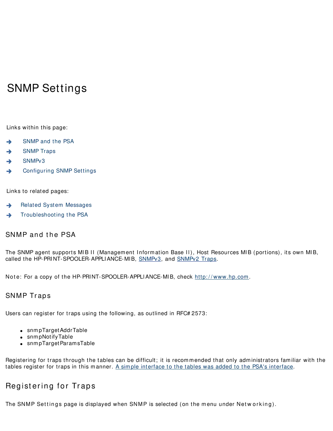 HP 4250 manual Snmp Settings, Snmp and the PSA, Snmp Traps 