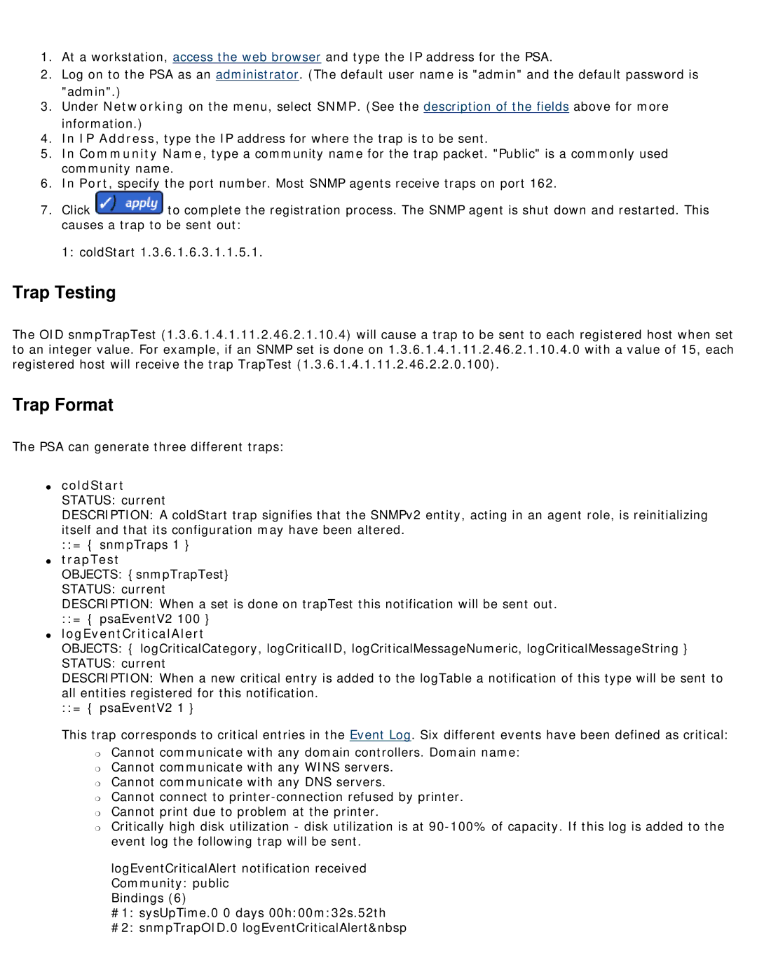 HP 4250 manual ColdStart Status current, TrapTest, LogEventCriticalAlert 