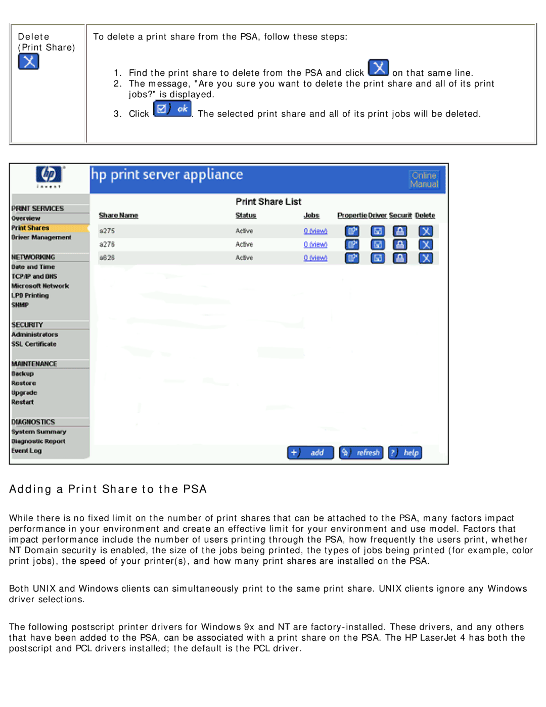 HP 4250 manual Adding a Print Share to the PSA, Delete 