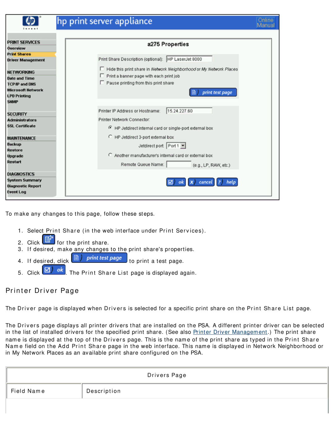 HP 4250 manual Printer Driver, Drivers Field Name Description 