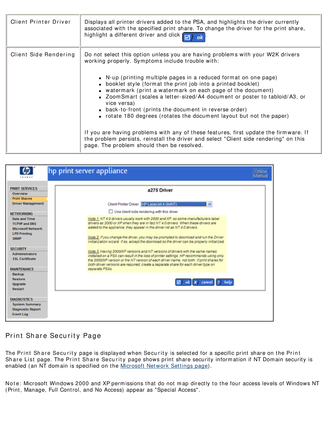 HP 4250 manual Print Share Security 