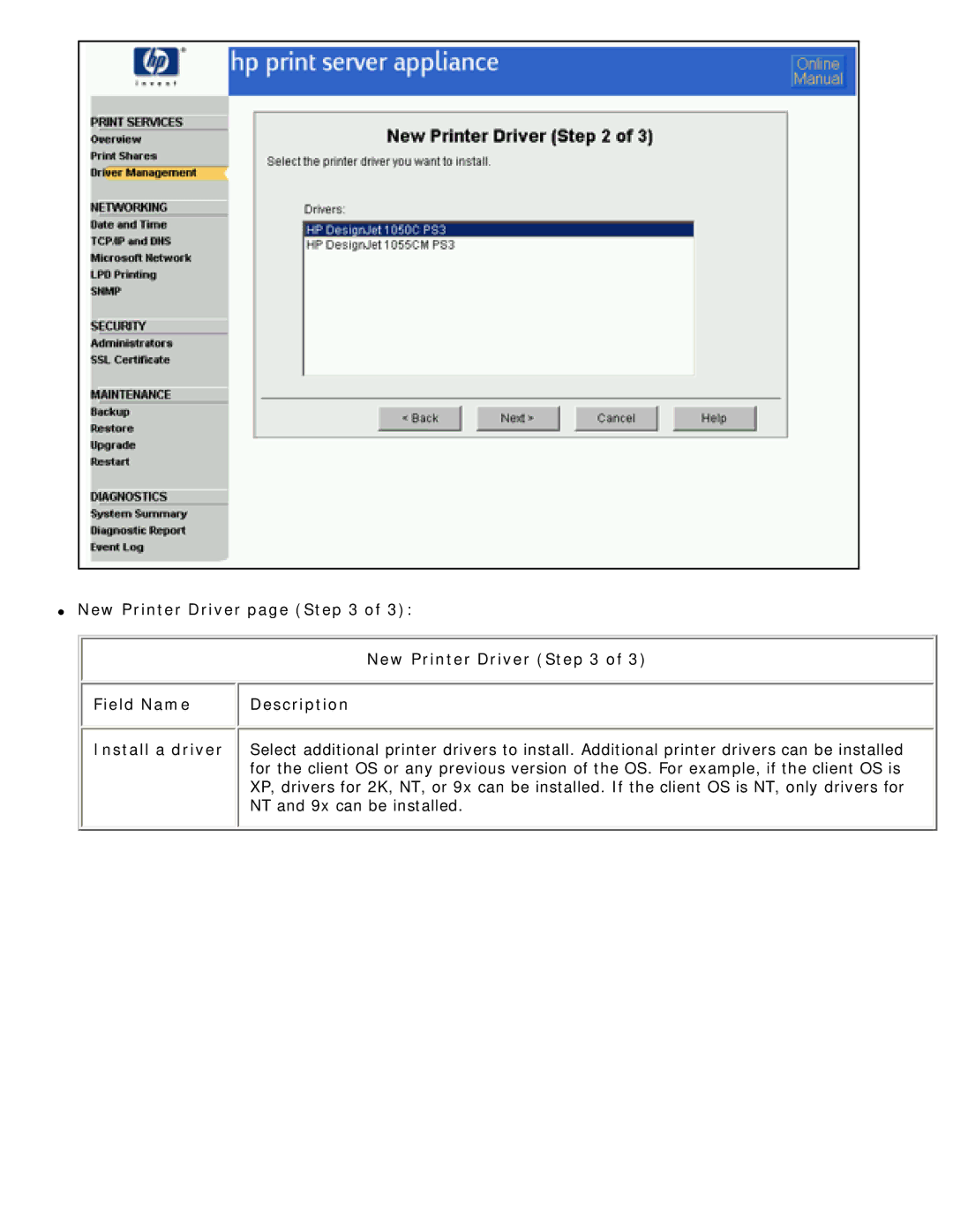 HP 4250 manual New Printer Driver Field Name Description 