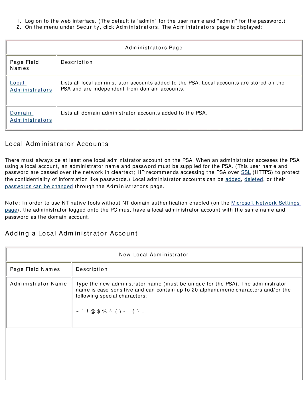 HP 4250 manual Local Administrator Accounts, Adding a Local Administrator Account 