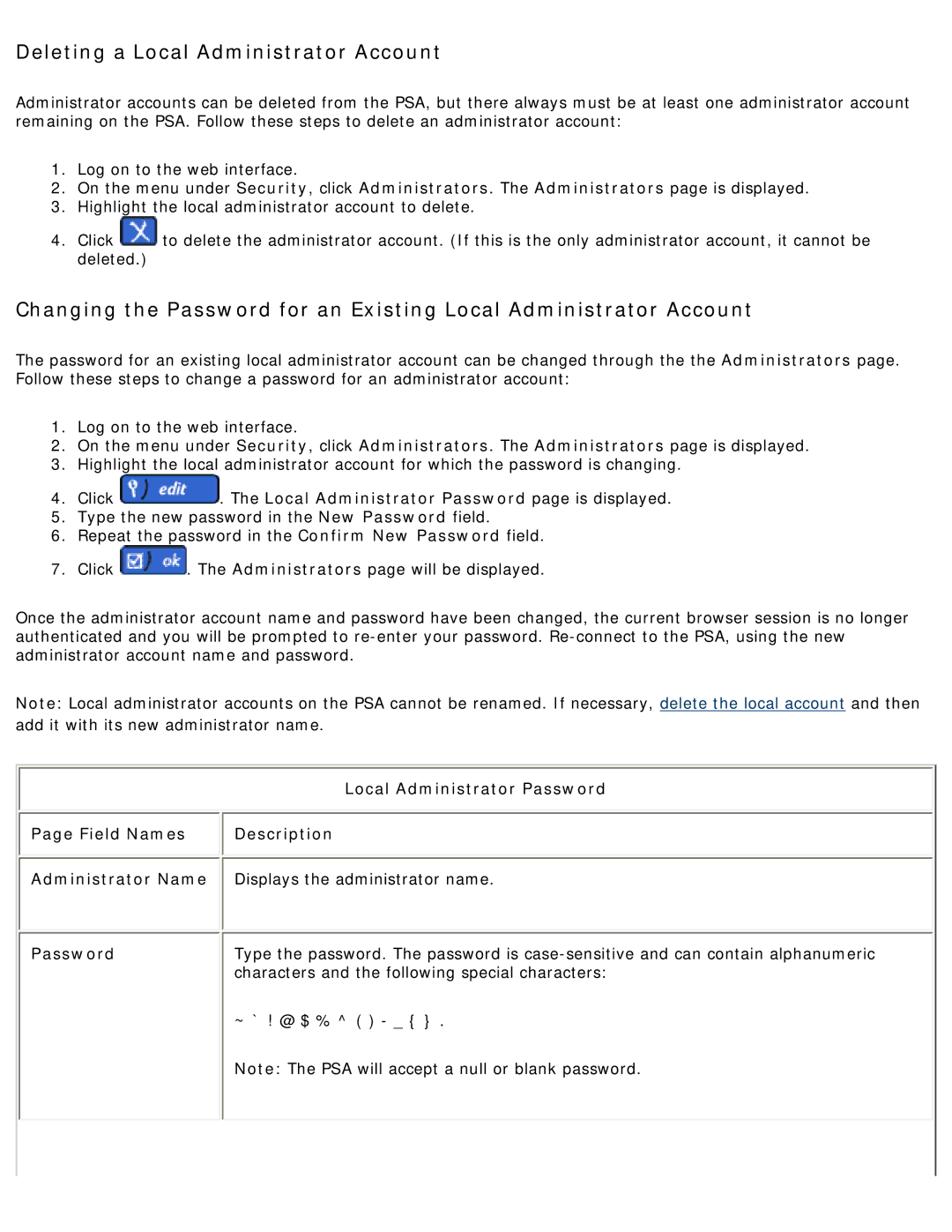 HP 4250 Deleting a Local Administrator Account, Local Administrator Password, Field Names Description Administrator Name 