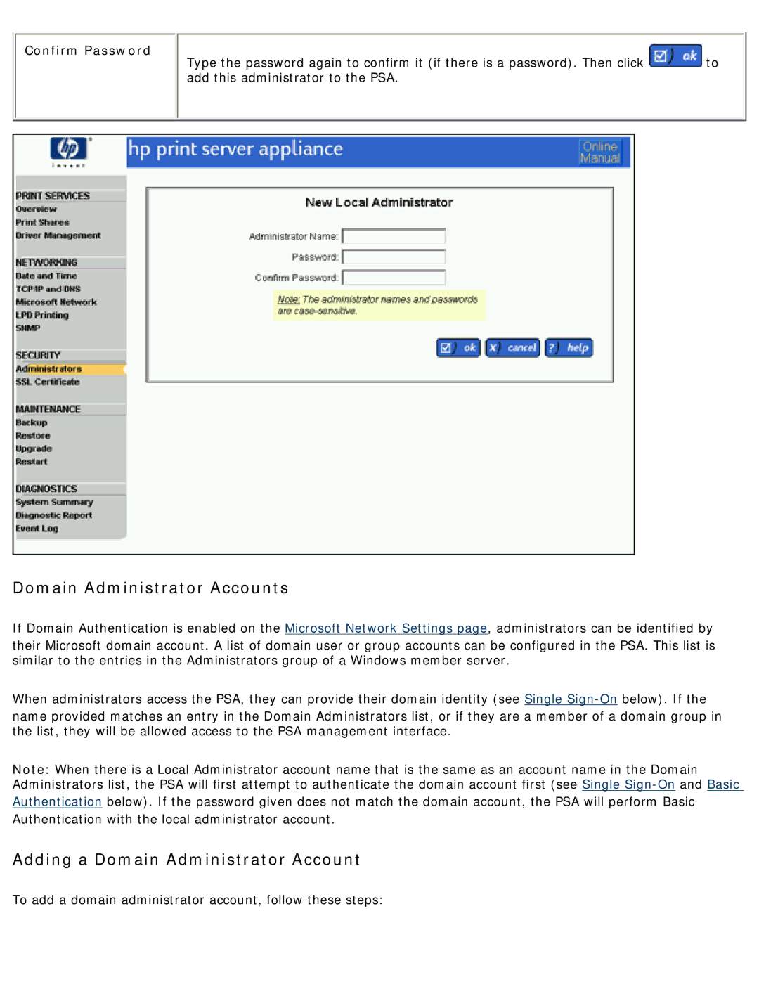 HP 4250 manual Domain Administrator Accounts, Adding a Domain Administrator Account 