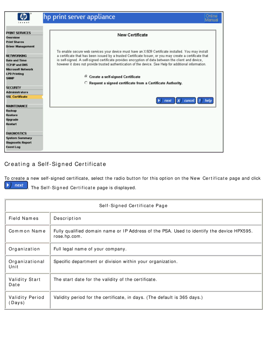 HP 4250 manual Creating a Self-Signed Certificate, Self-Signed Certificate Field Names Description, Days 