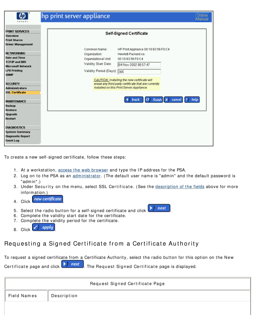 HP 4250 manual Requesting a Signed Certificate from a Certificate Authority 