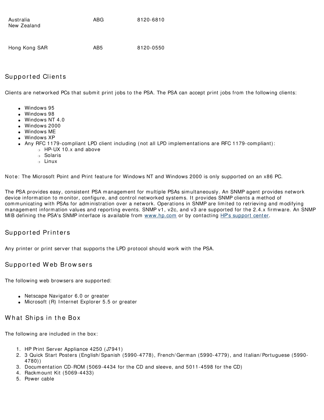 HP 4250 manual Supported Clients, Supported Printers, Supported Web Browsers, What Ships in the Box 