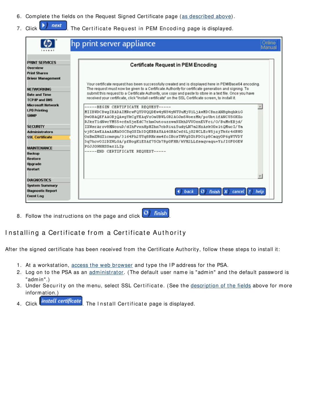 HP 4250 manual Installing a Certificate from a Certificate Authority 