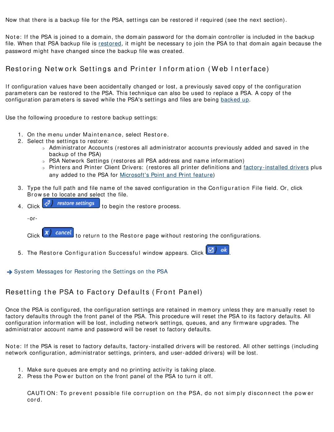 HP 4250 manual Resetting the PSA to Factory Defaults Front Panel, Restore Configuration Successful window appears. Click 