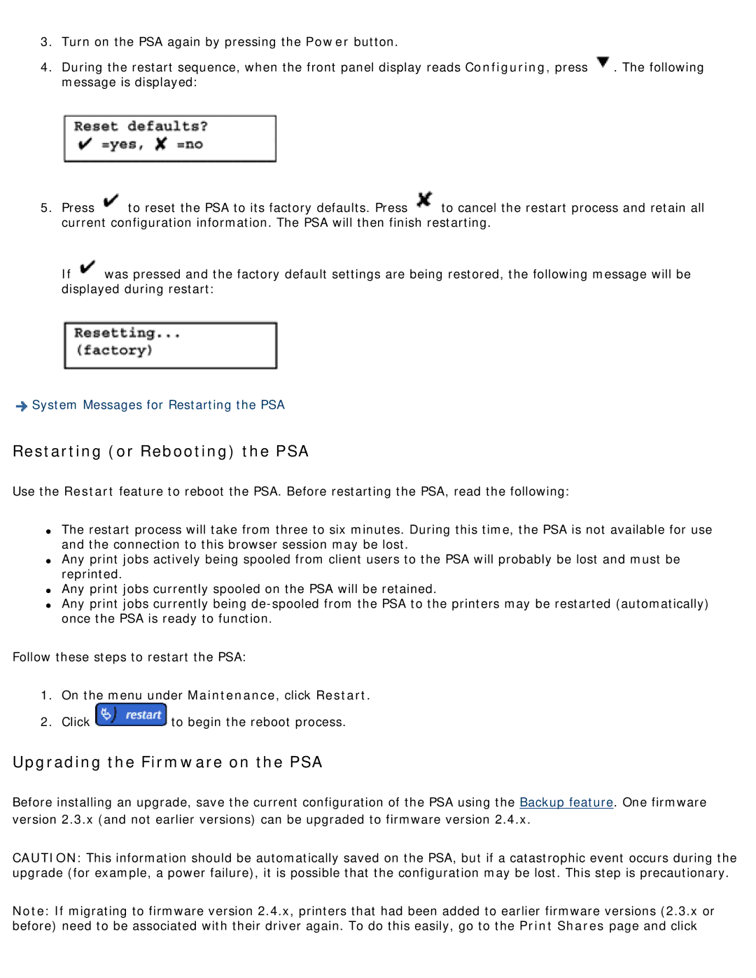 HP 4250 manual Restarting or Rebooting the PSA, Upgrading the Firmware on the PSA 