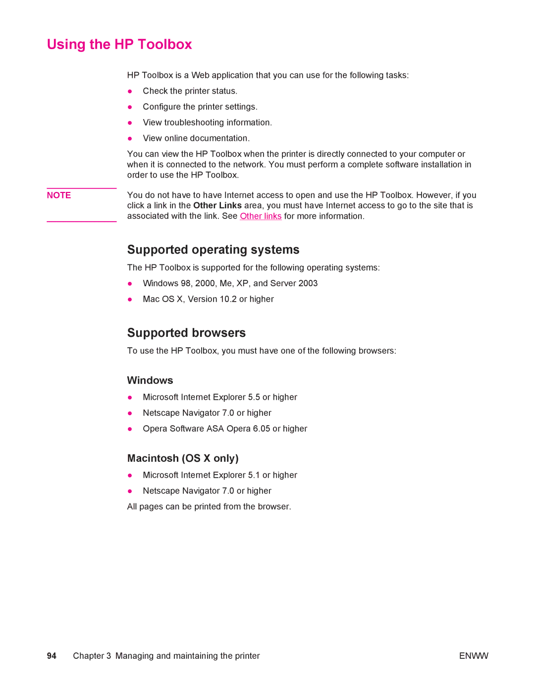 HP 4250/4350 manual Using the HP Toolbox, Supported operating systems, Supported browsers, Windows, Macintosh OS X only 