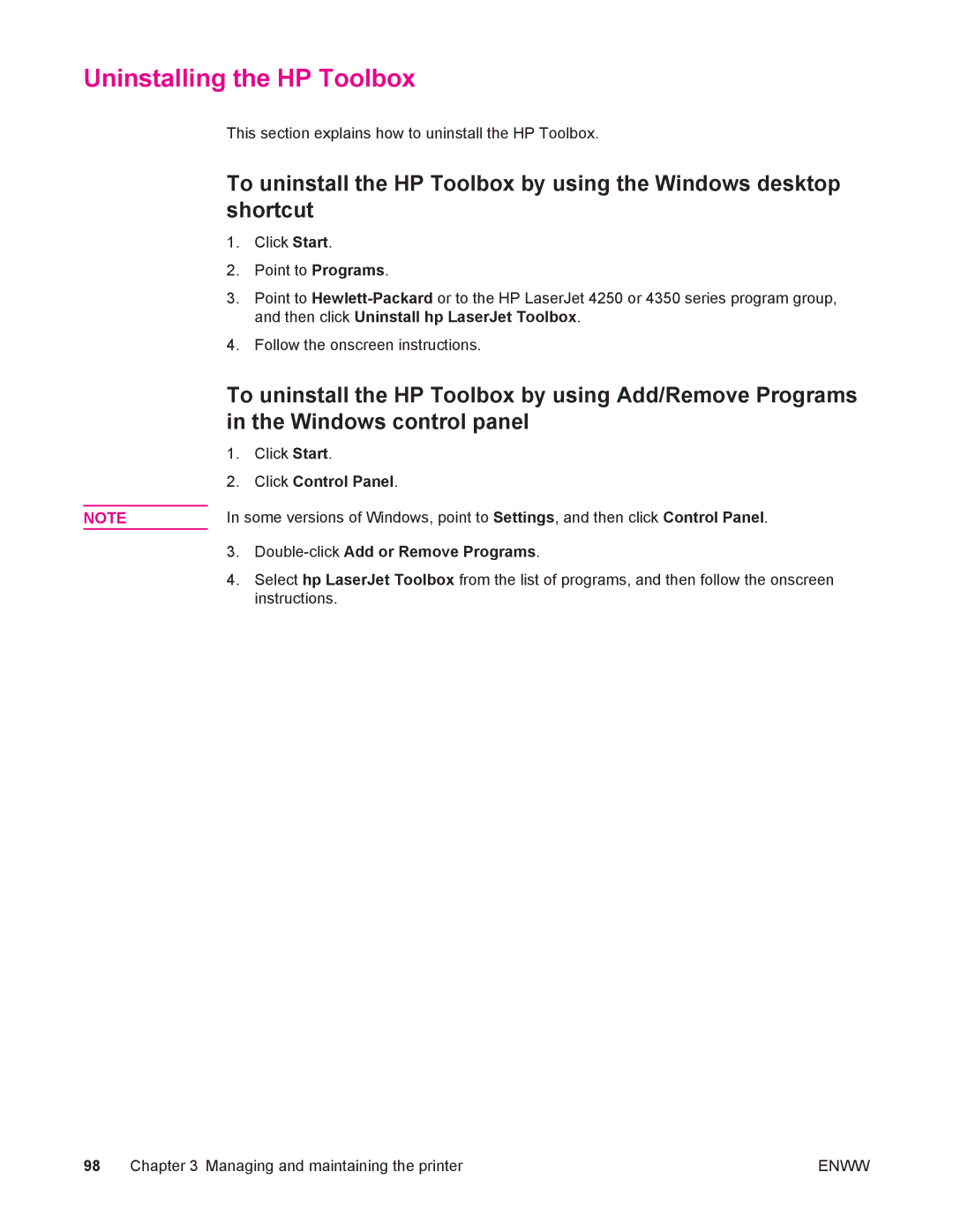 HP 4250/4350 manual Uninstalling the HP Toolbox, Click Control Panel, Double-clickAdd or Remove Programs 
