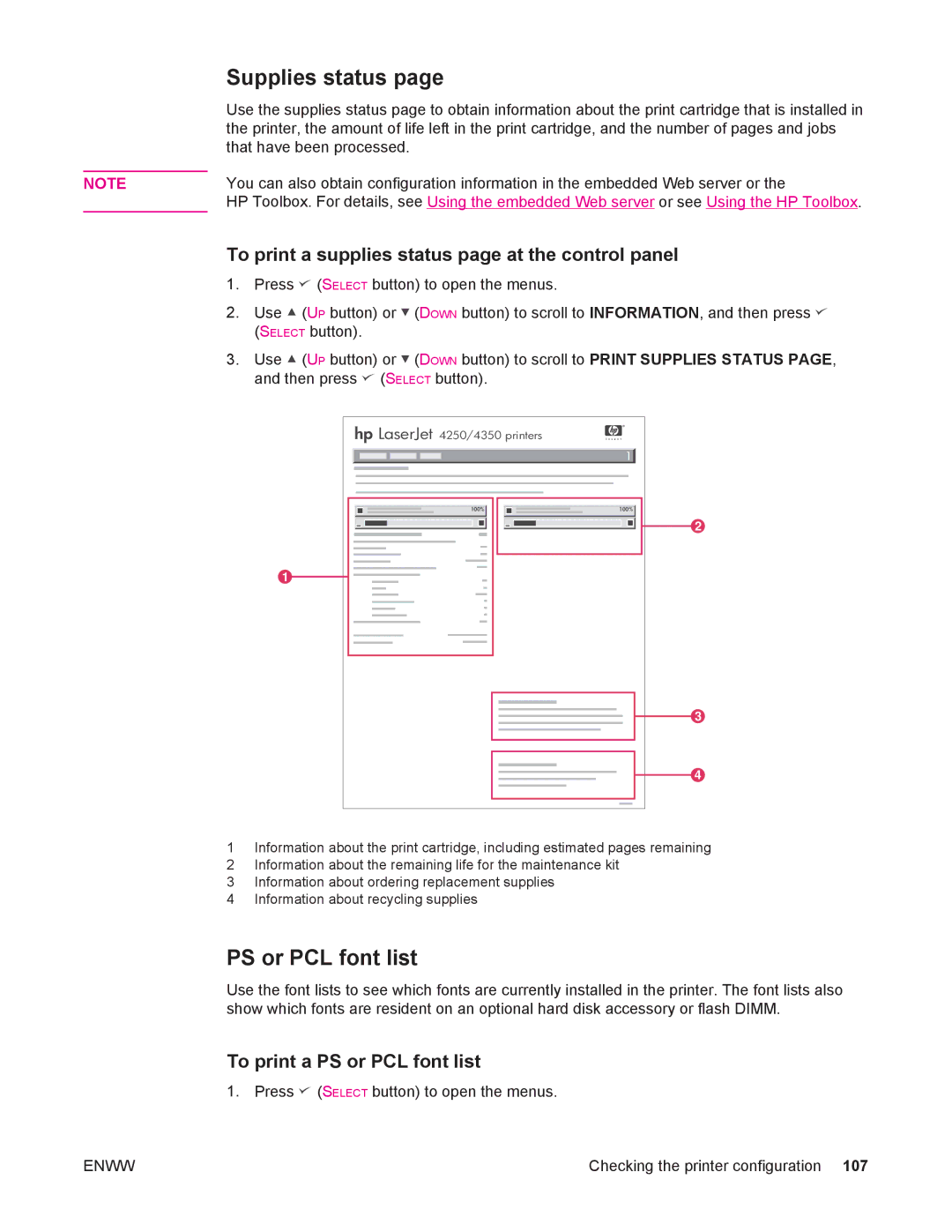 HP 4250/4350 manual Supplies status, PS or PCL font list, To print a supplies status page at the control panel 