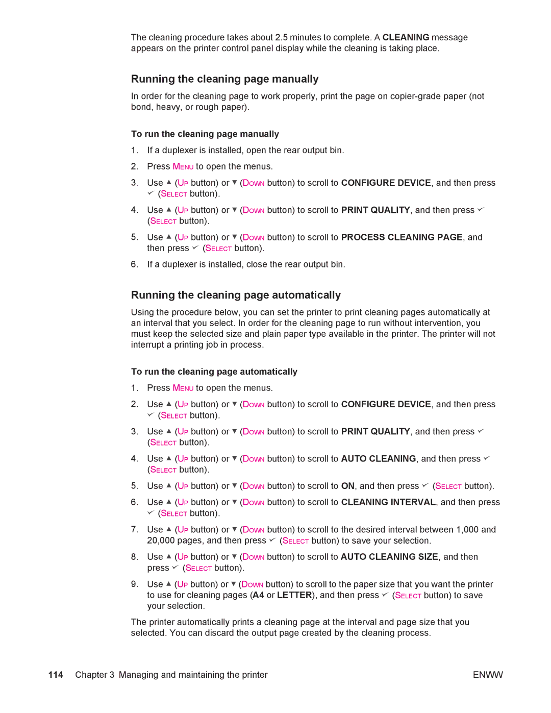 HP 4250/4350 Running the cleaning page manually, Running the cleaning page automatically 
