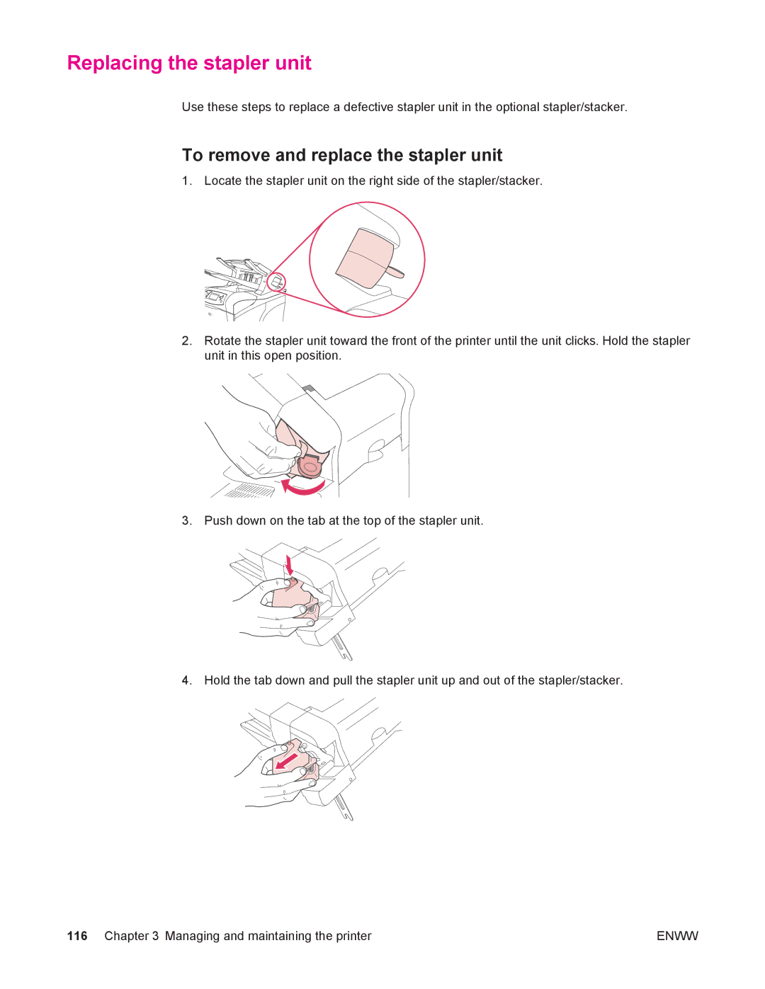 HP 4250/4350 manual Replacing the stapler unit, To remove and replace the stapler unit 